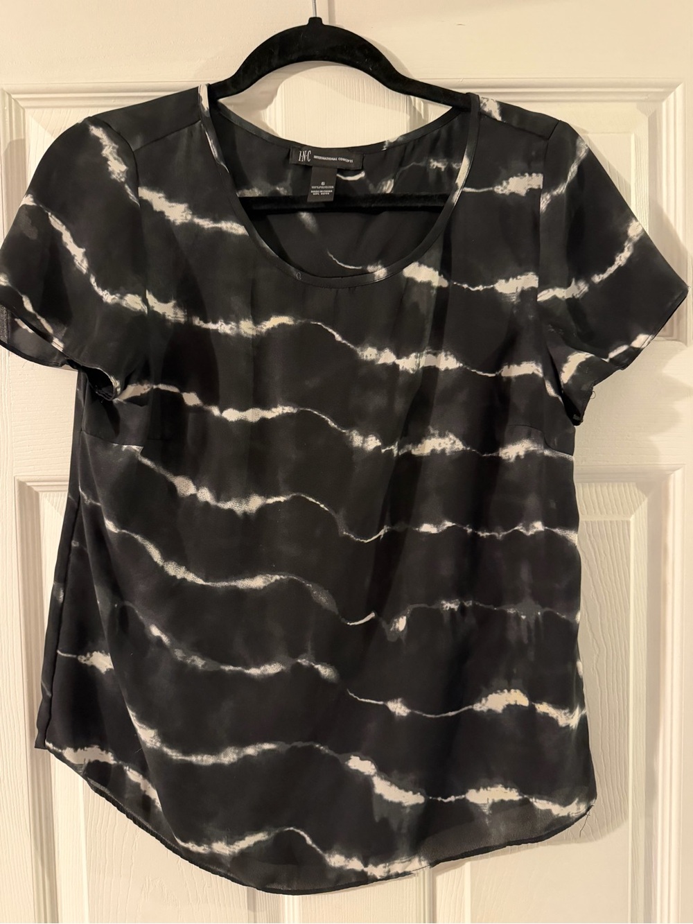 INC International Concepts Black & White Tie-Dye Short Sleeve Blouse
